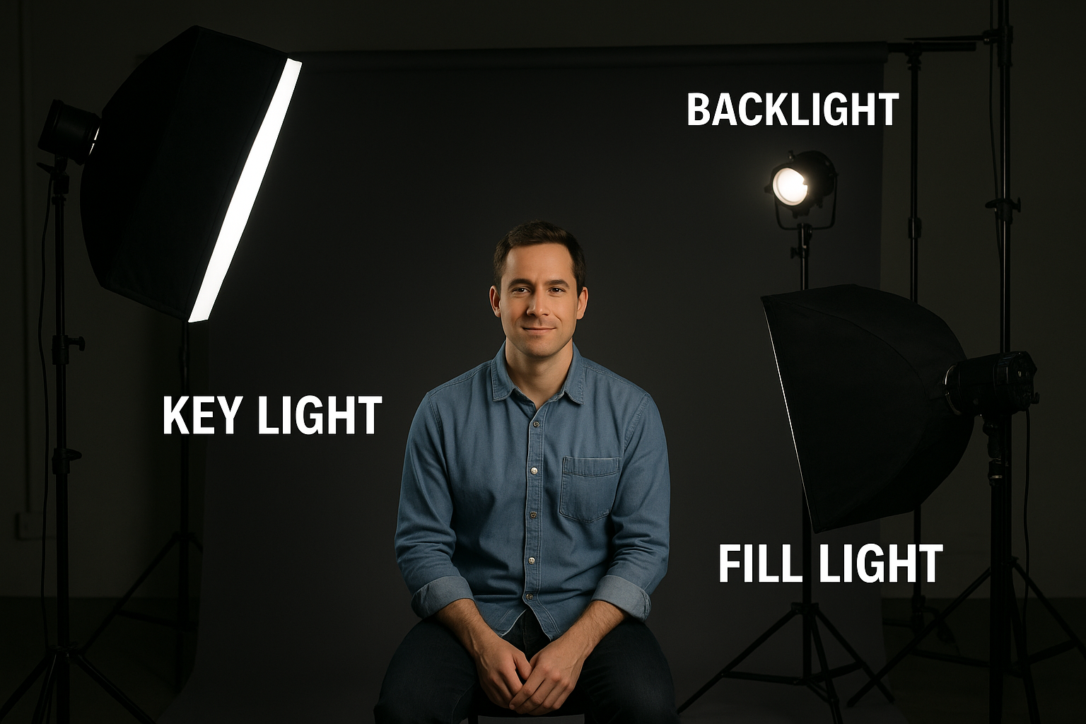 Showcasing three point lighting on a film set Including Key, Fill, and Backlight